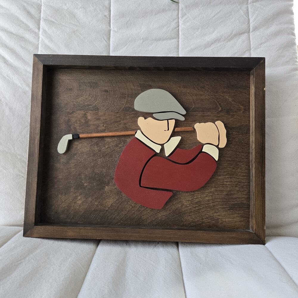 Handcrafted Intarsia Wood Wall Art Golf Man With A Golf Club Framed
